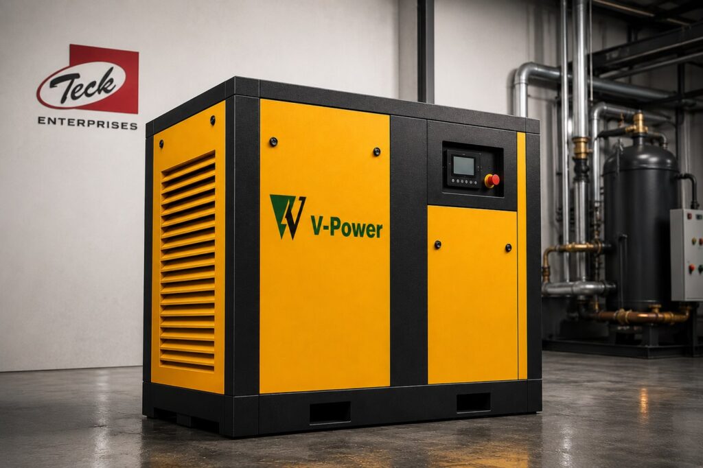 Screw Air Compressors V-Power screw air compressor installed in a plant room, yellow panelled enclosure with digital controller and emergency stop
