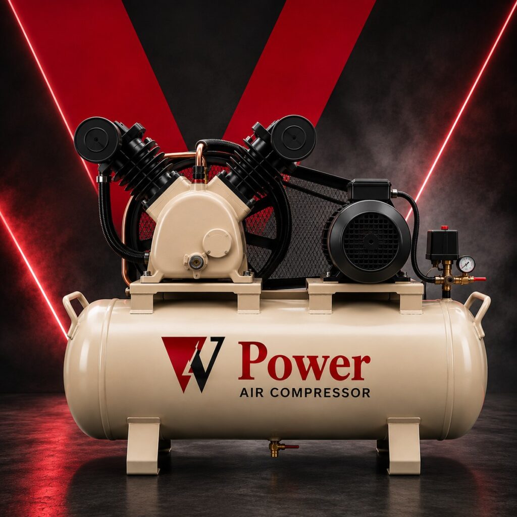 Reciprocating Air Compressors V-Power air compressor: two-stage reciprocating unit with V-Power branded horizontal receiver tank and belt-driven motor